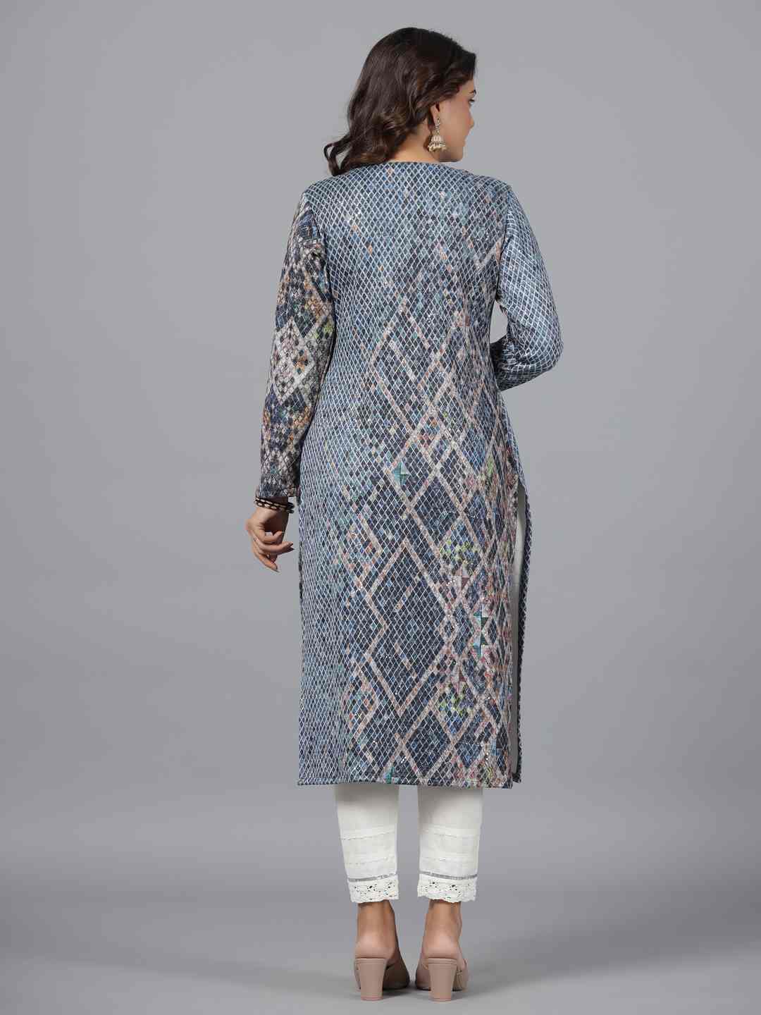Blue Checked Printed Polyester Kurta With Sequins Work