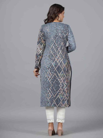 Blue Checked Printed Polyester Kurta With Sequins Work