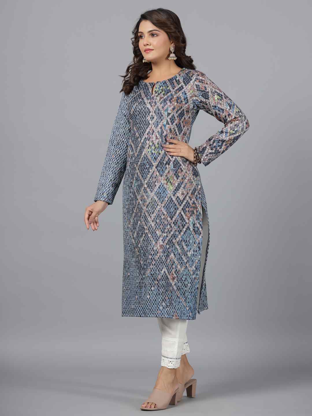 Blue Checked Printed Polyester Kurta With Sequins Work