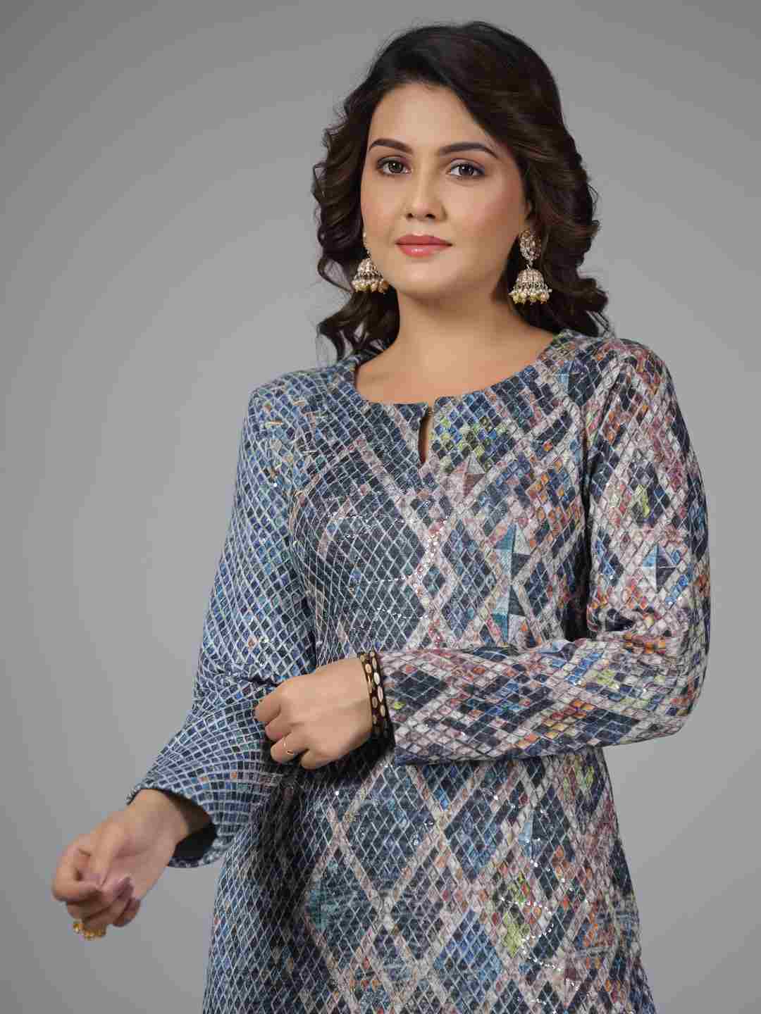 Blue Checked Printed Polyester Kurta With Sequins Work
