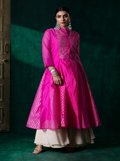 Fuchsia Ethnic Motif Printed Chanderi Embellished Anarkali Women Kurta