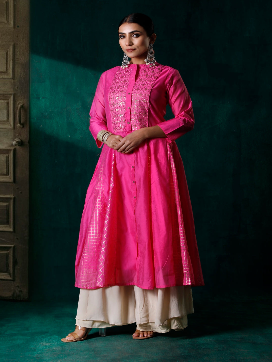 Fuchsia Ethnic Motif Printed Chanderi Embellished Anarkali Women Kurta