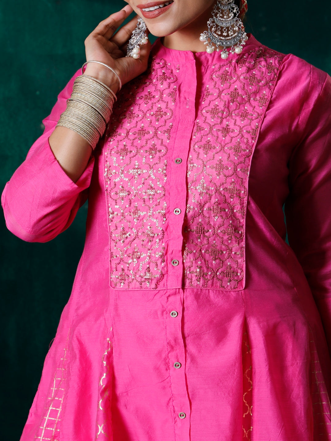 Fuchsia Ethnic Motif Printed Chanderi Embellished Anarkali Women Kurta