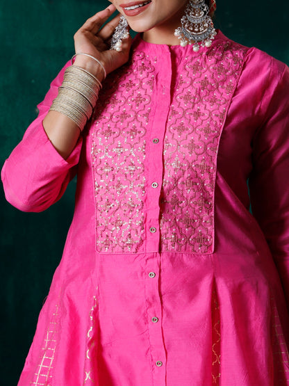 Fuchsia Ethnic Motif Printed Chanderi Embellished Anarkali Women Kurta