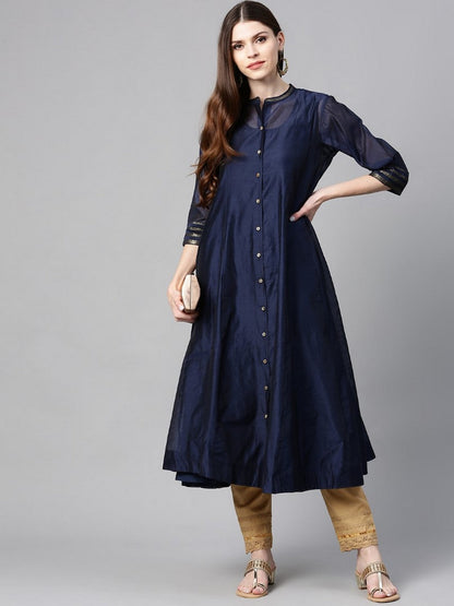 Indigo Solid Chanderi Kalidar A-Line Women Kurta With Buttons