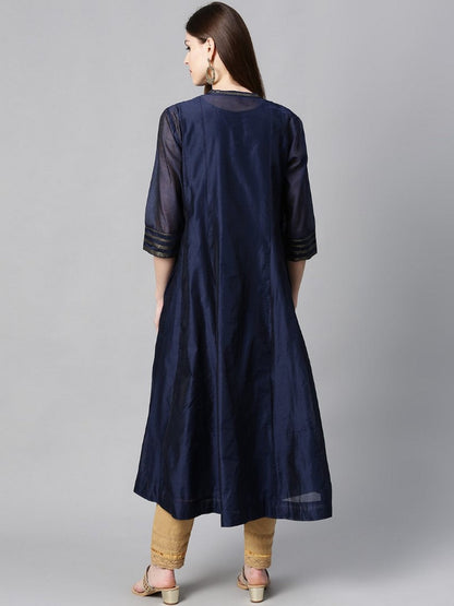 Indigo Solid Chanderi Kalidar A-Line Women Kurta With Buttons