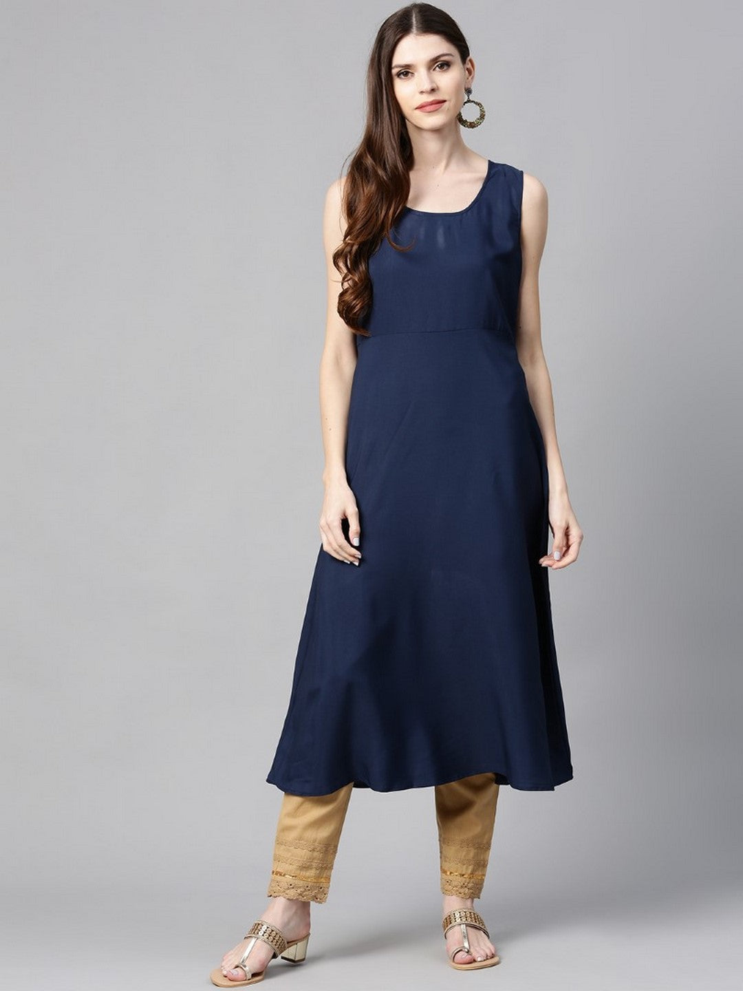 Indigo Solid Chanderi Kalidar A-Line Women Kurta With Buttons