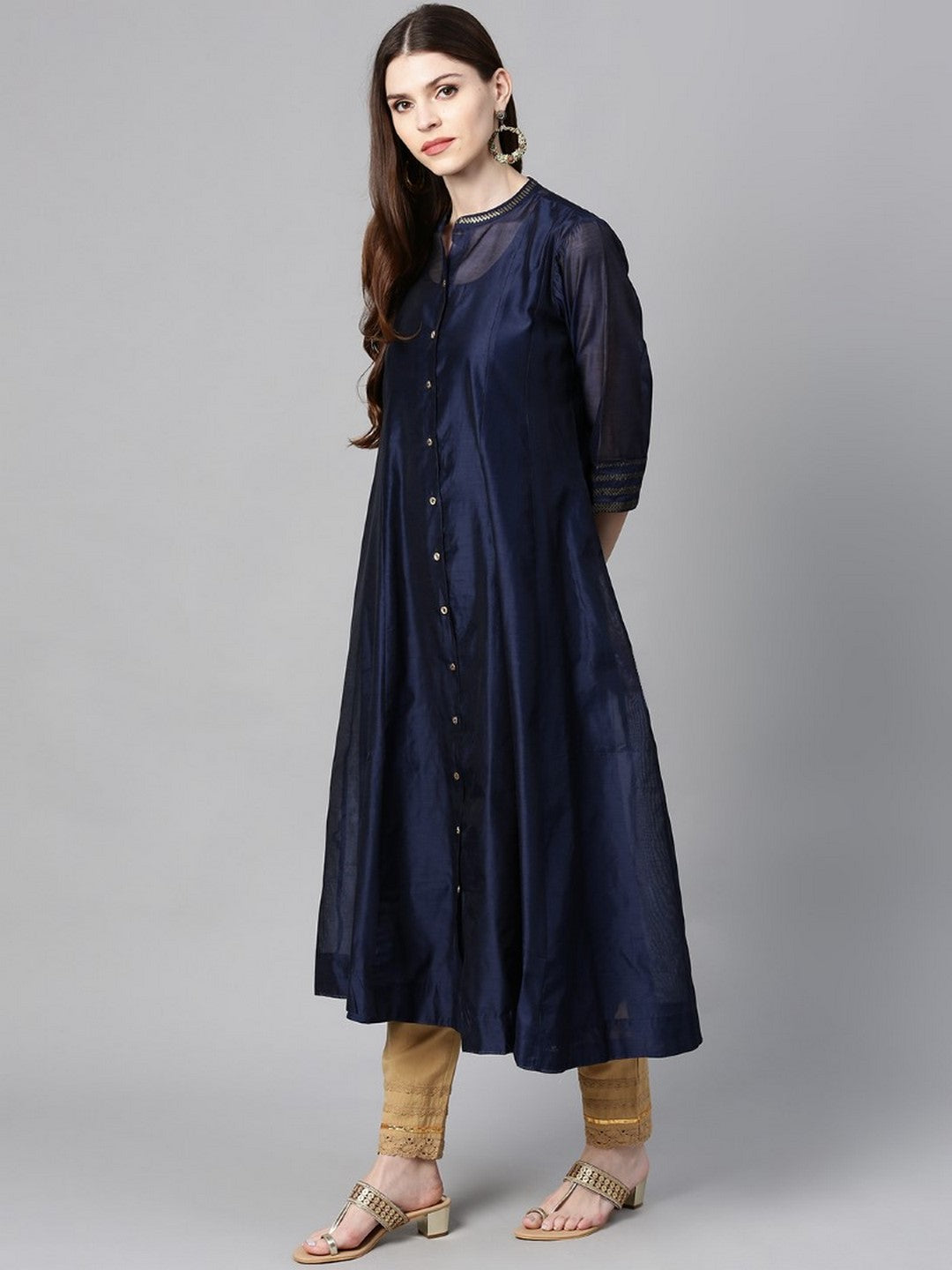 Indigo Solid Chanderi Kalidar A-Line Women Kurta With Buttons