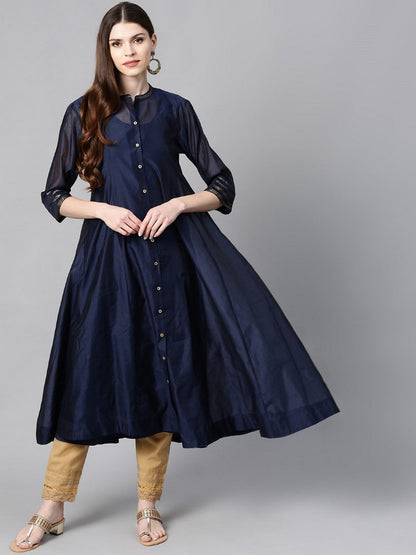 Indigo Solid Chanderi Kalidar A-Line Women Kurta With Buttons