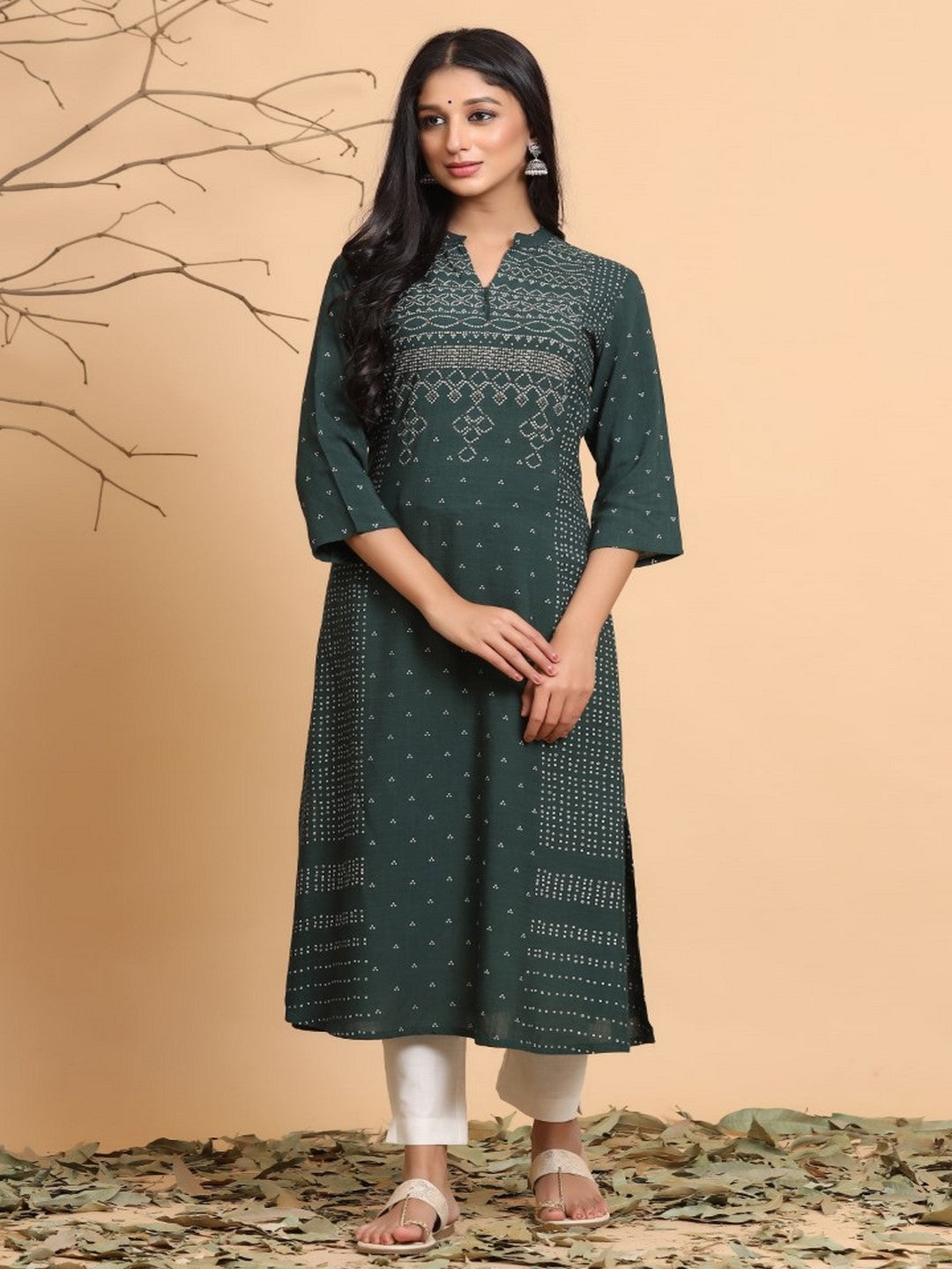 Jade Green Bandhani Printed Rayon Slub A-Line Kurta.
