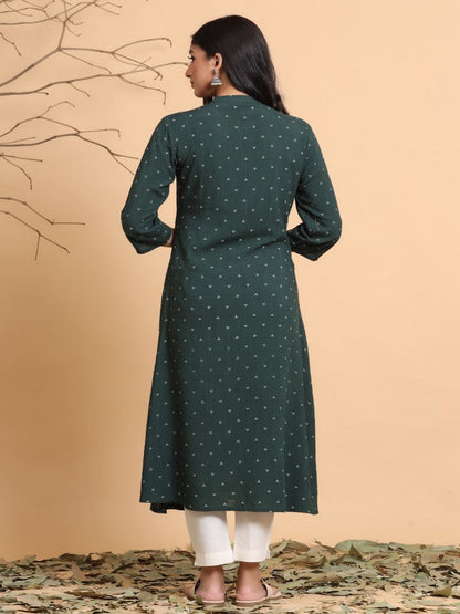Jade Green Bandhani Printed Rayon Slub A-Line Kurta.