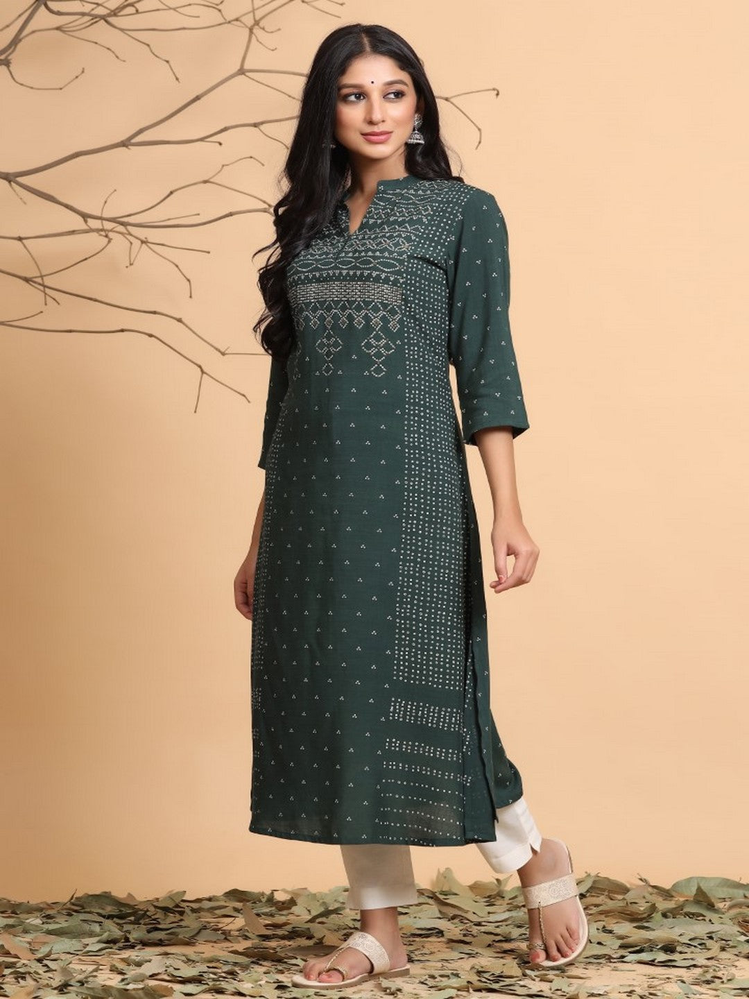 Jade Green Bandhani Printed Rayon Slub A-Line Kurta.