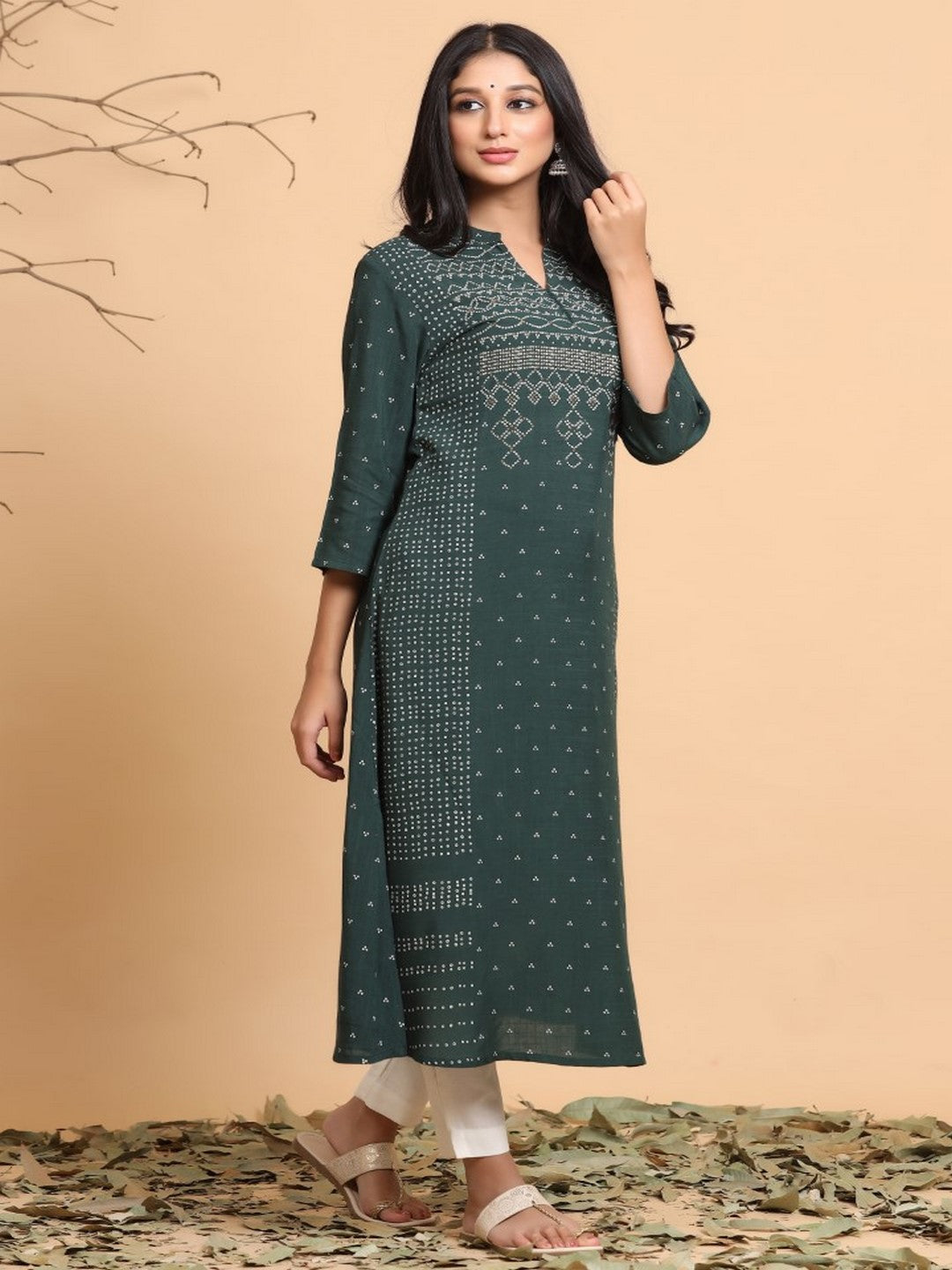Jade Green Bandhani Printed Rayon Slub A-Line Kurta.