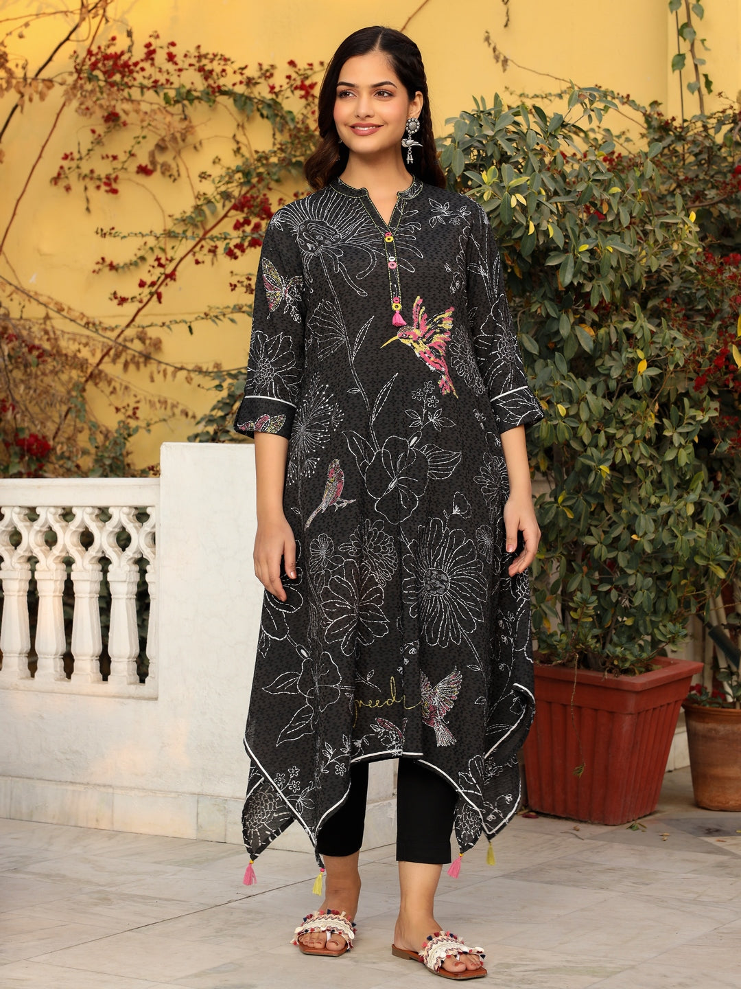 The Dhara Black Floral Printed Nylon Dobby Kurta