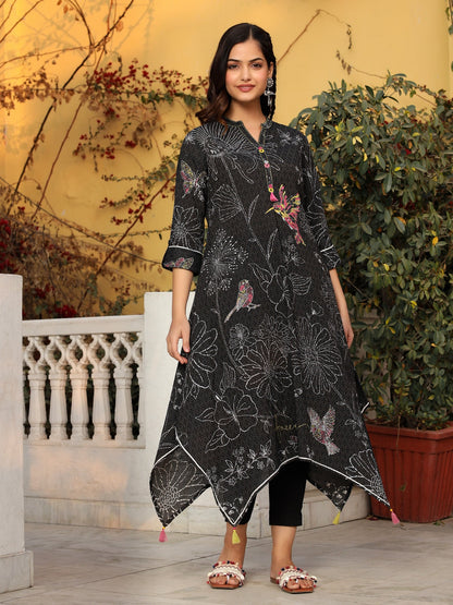 The Dhara Black Floral Printed Nylon Dobby Kurta