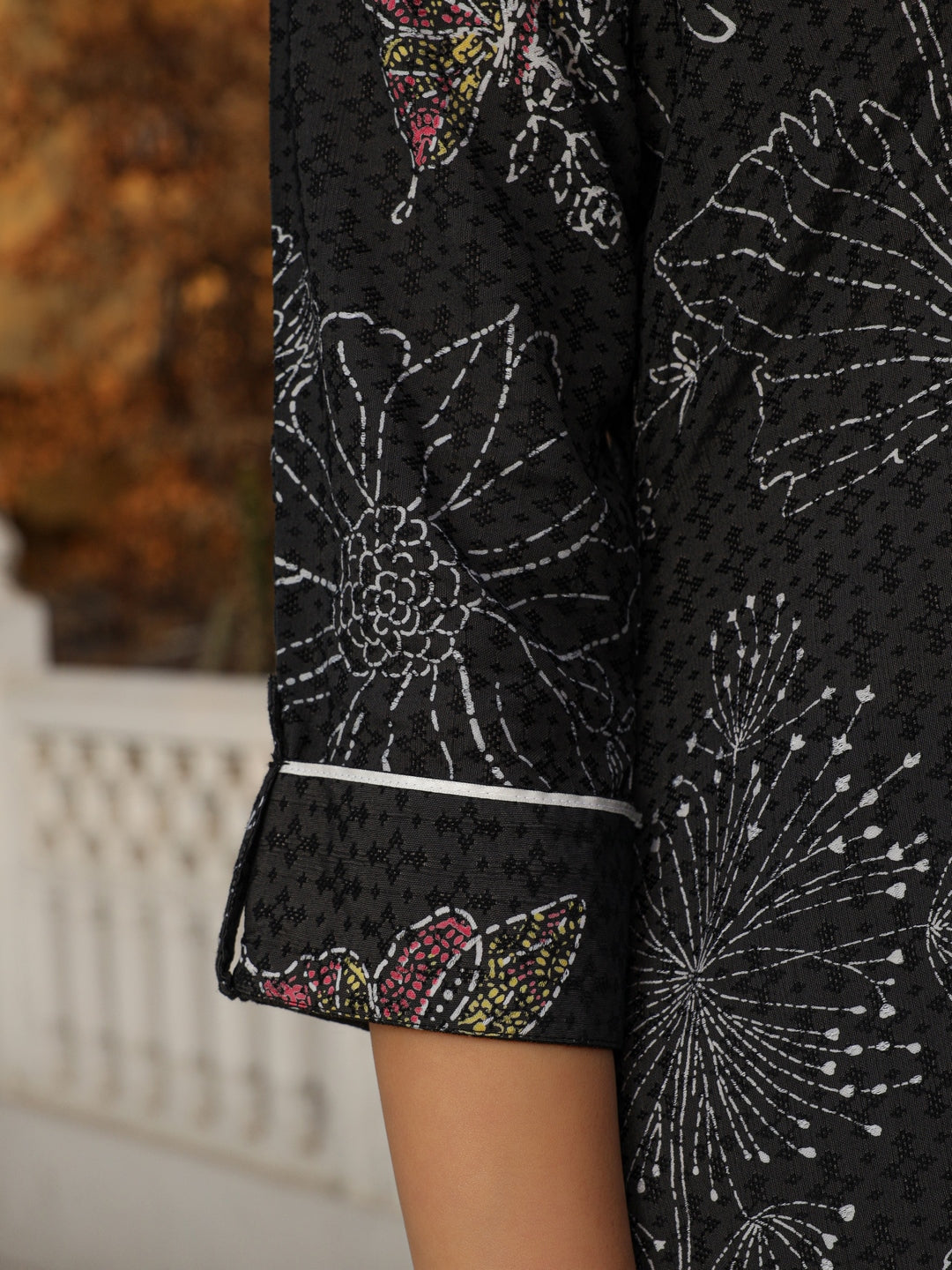 The Dhara Black Floral Printed Nylon Dobby Kurta