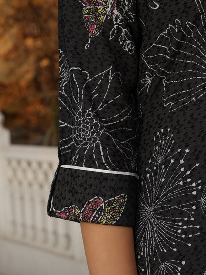 The Dhara Black Floral Printed Nylon Dobby Kurta