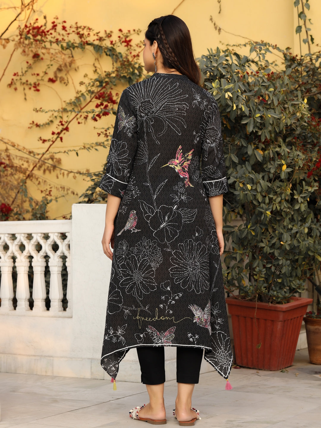 The Dhara Black Floral Printed Nylon Dobby Kurta