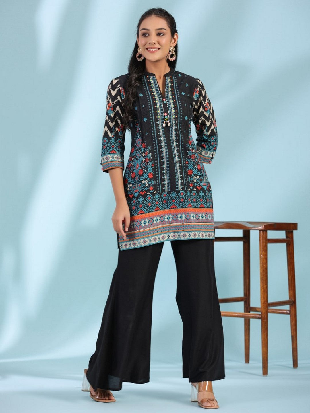 Black Pure Cotton Geometric Printed & Pleated Kurta With Beads & Sequins