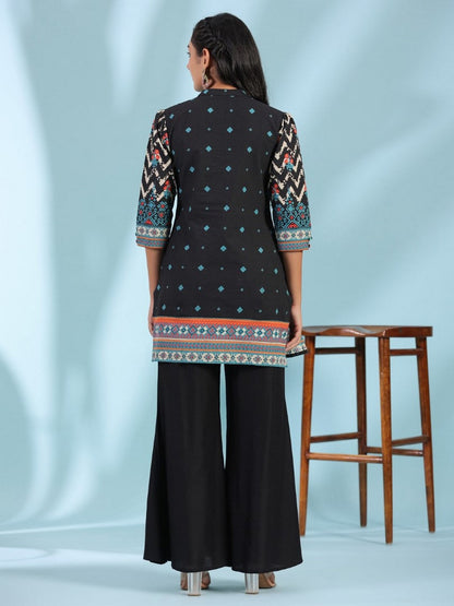 Black Pure Cotton Geometric Printed & Pleated Kurta With Beads & Sequins
