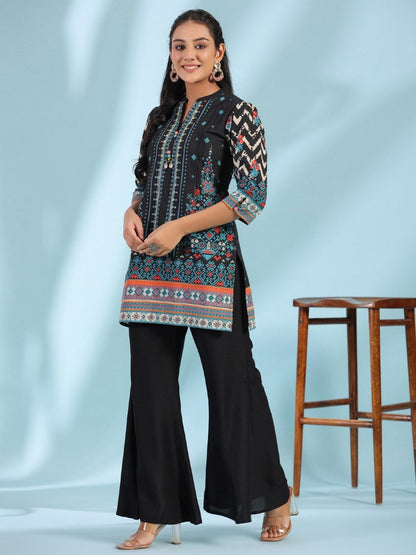 Black Pure Cotton Geometric Printed & Pleated Kurta With Beads & Sequins