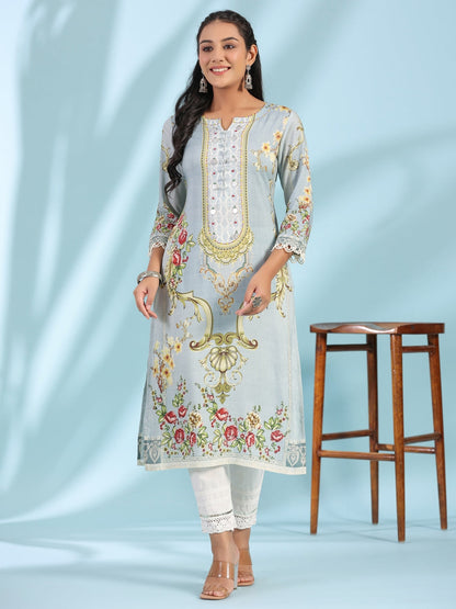 Grey Rayon Floral Printed Round Neck Kurta With Beadwork