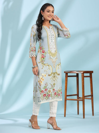 Grey Rayon Floral Printed Round Neck Kurta With Beadwork