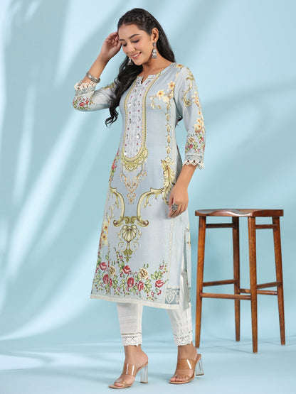 Grey Rayon Floral Printed Round Neck Kurta With Beadwork