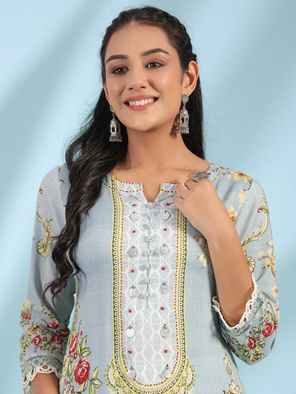 Grey Rayon Floral Printed Round Neck Kurta With Beadwork