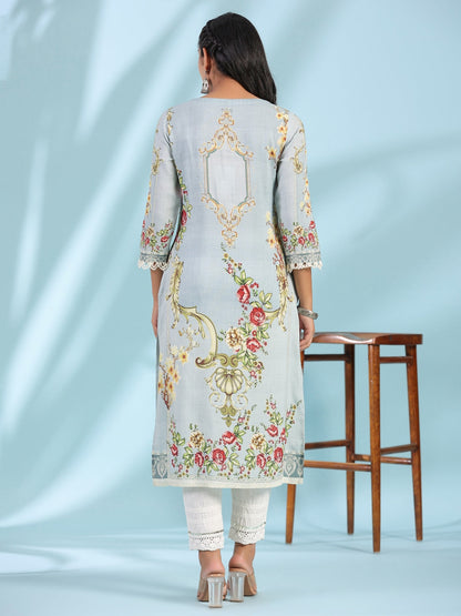 Grey Rayon Floral Printed Round Neck Kurta With Beadwork