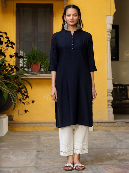 Navy Blue Solid Modal Rayon Straight Kurta With Half Placket At Front