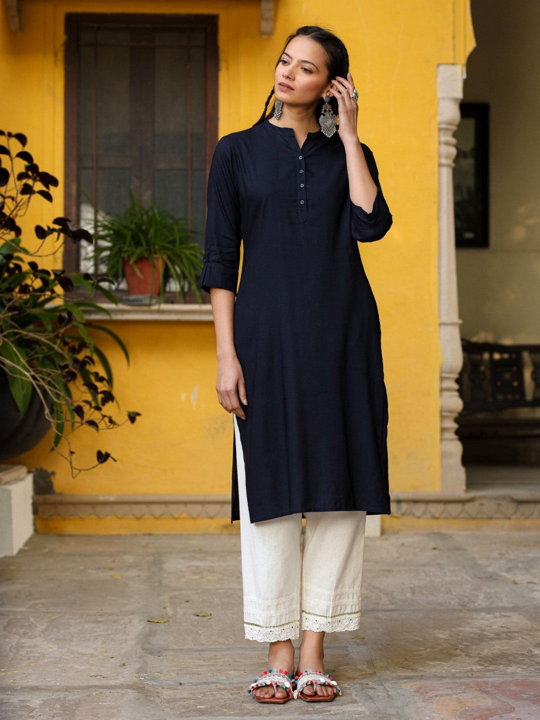 Navy Blue Solid Modal Rayon Straight Kurta With Half Placket At Front