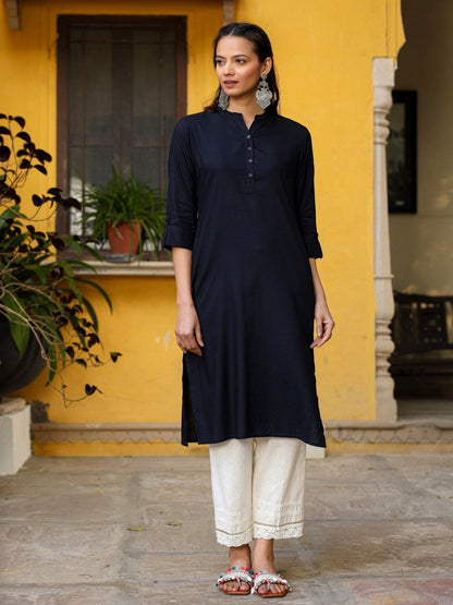 Navy Blue Solid Modal Rayon Straight Kurta With Half Placket At Front