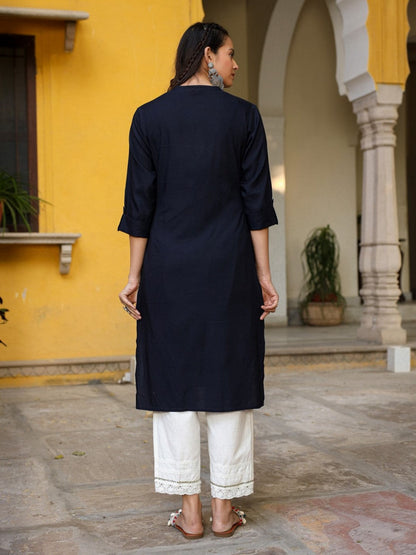 Navy Blue Solid Modal Rayon Straight Kurta With Half Placket At Front