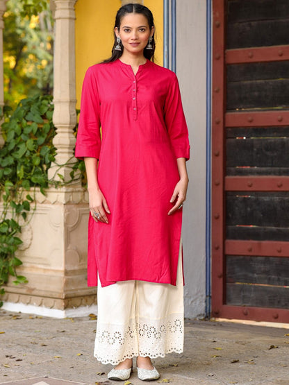 Pink Solid Modal Rayon Straight Kurta With Half Placket At Front
