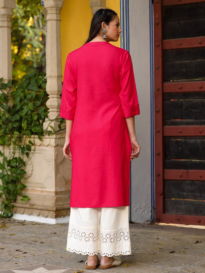 Pink Solid Modal Rayon Straight Kurta With Half Placket At Front