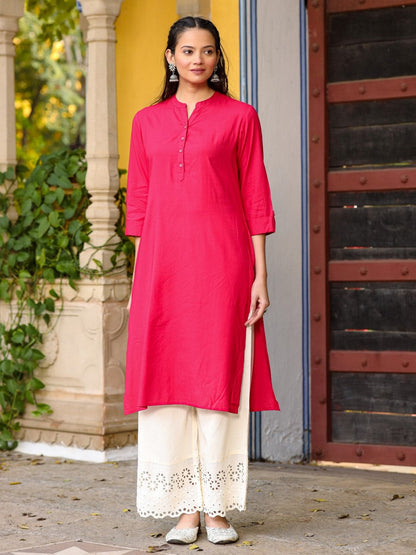 Pink Solid Modal Rayon Straight Kurta With Half Placket At Front