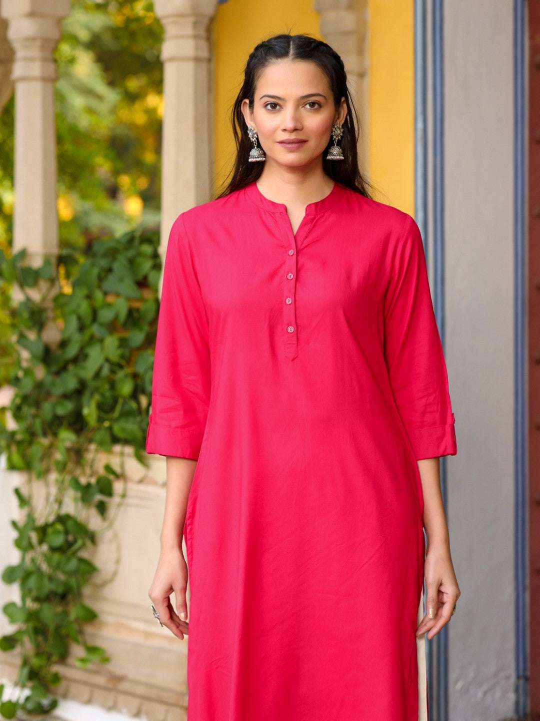 Pink Solid Modal Rayon Straight Kurta With Half Placket At Front
