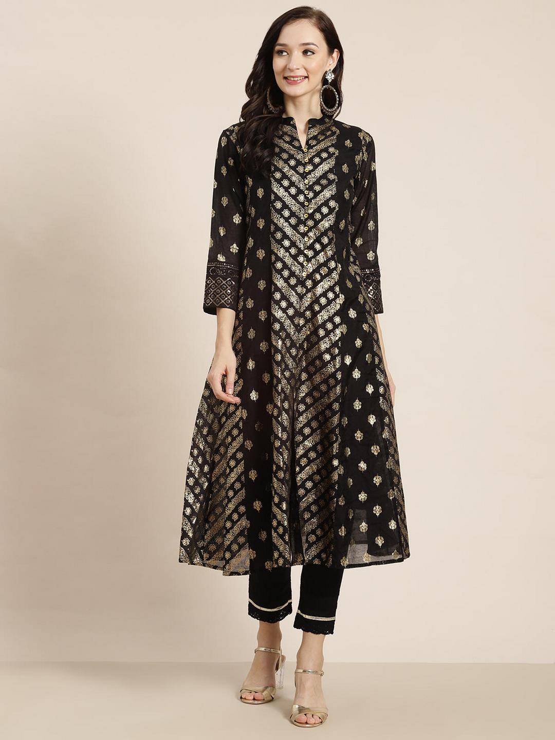 Juniper Women`S Black Chanderi Silk Printed Anarkali Kurta