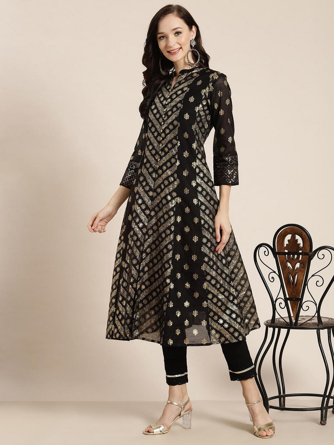 Juniper Women`S Black Chanderi Silk Printed Anarkali Kurta