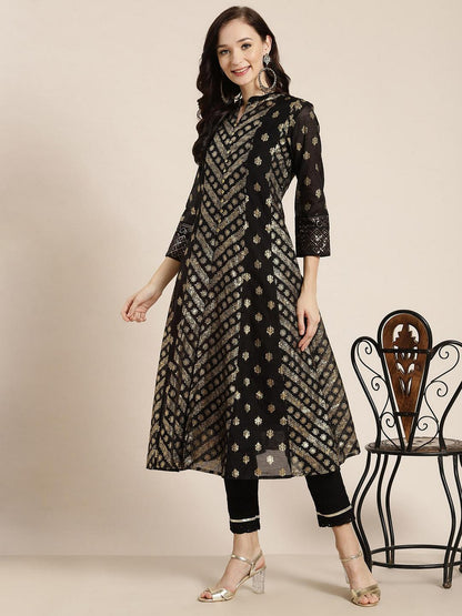Juniper Women`S Black Chanderi Silk Printed Anarkali Kurta