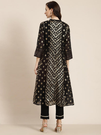 Juniper Women`S Black Chanderi Silk Printed Anarkali Kurta