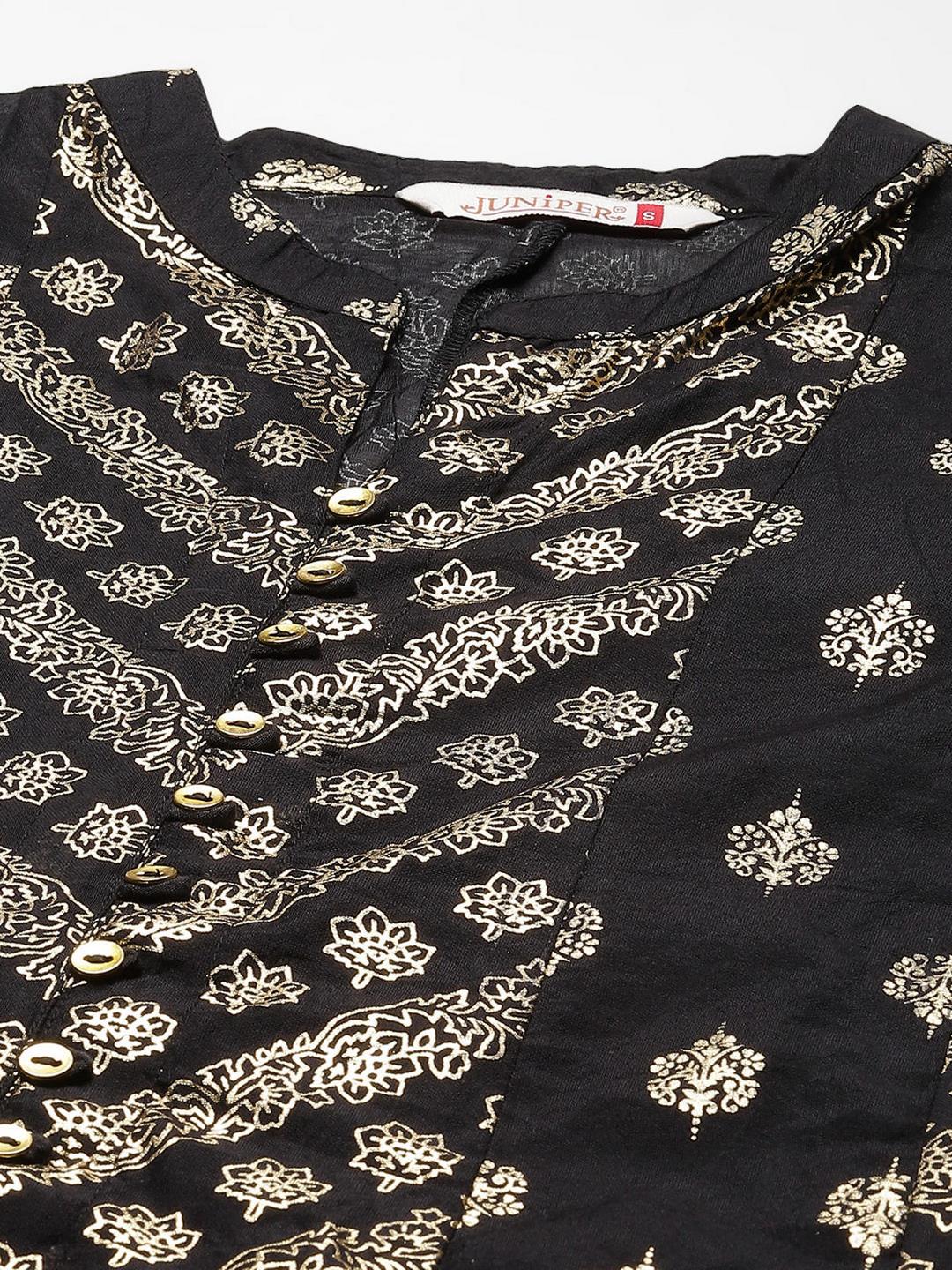 Juniper Women`S Black Chanderi Silk Printed Anarkali Kurta