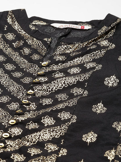 Juniper Women`S Black Chanderi Silk Printed Anarkali Kurta