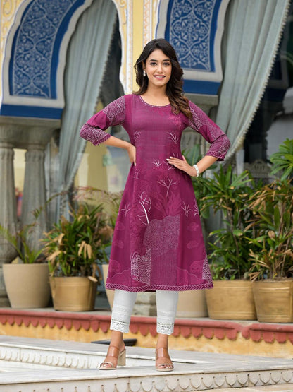 Wine Beautiful  Printed Liva Rayon A-Lined Kurta For Women