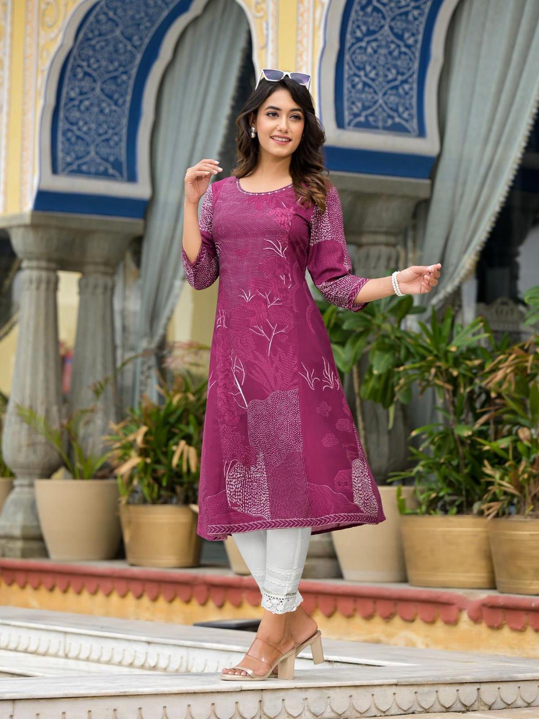 Wine Beautiful  Printed Liva Rayon A-Lined Kurta For Women