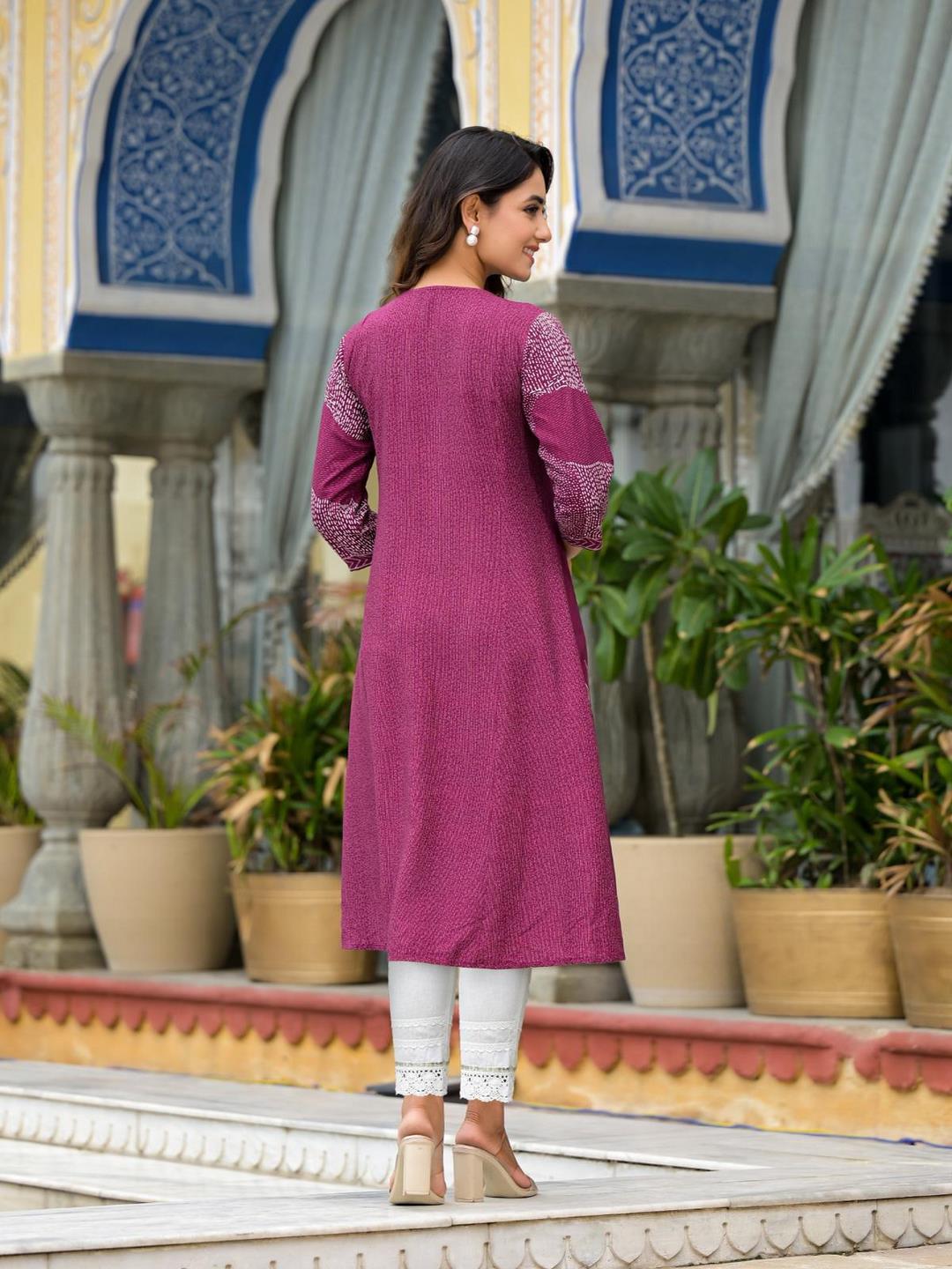 Wine Beautiful  Printed Liva Rayon A-Lined Kurta For Women