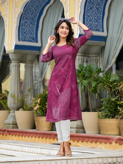 Wine Beautiful  Printed Liva Rayon A-Lined Kurta For Women