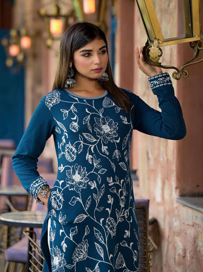 Blue Floral Printed Polycotton Winter Wear Kurta