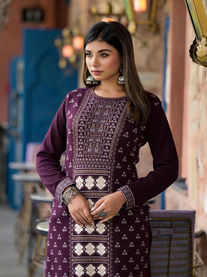 Mauve Ethnic Motif Printed Polycotton Winter Wear Kurta